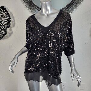 NWT~ATINA CRISTINA~S/M~BLACK SEQUIN SHORT SLEEVE SHEER LAYERED TOP BLOUSE SHIRT